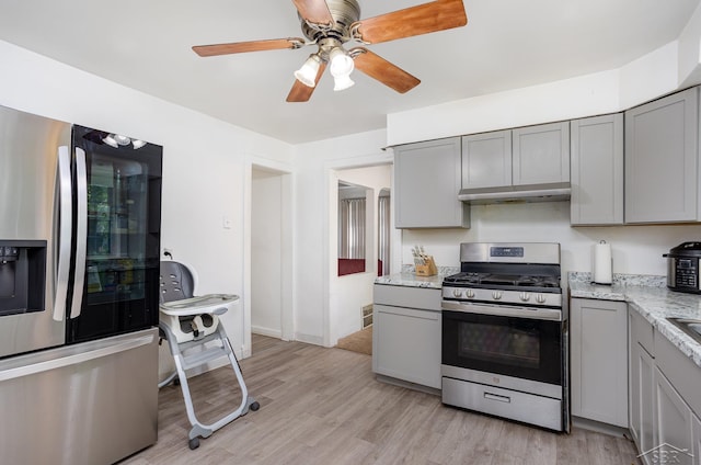 2300 Thatcher St, Saginaw, MI 48601 - kitchen featuring appliances with stainless steel finishes, gray cabinetry, under cabinet range hood, and ceiling fan