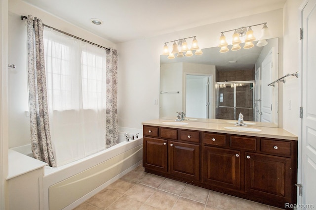 49761 Courtyard Ln, Canton, MI 48188 - full bath with double vanity, tile patterned floors, and shower / bathtub combination with curtain