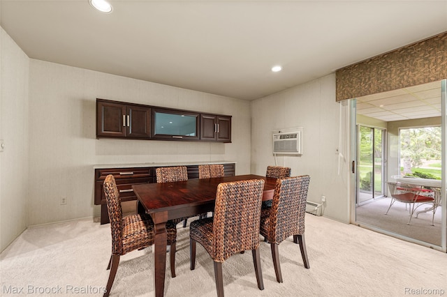 26480 Scenic Hwy, Franklin, MI 48025 - dining room with light carpet, a wall mounted AC, a baseboard heating unit, and recessed lighting