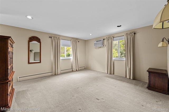 26480 Scenic Hwy, Franklin, MI 48025 - unfurnished living room featuring baseboard heating, healthy amount of natural light, light carpet, a wall mounted AC, and recessed lighting