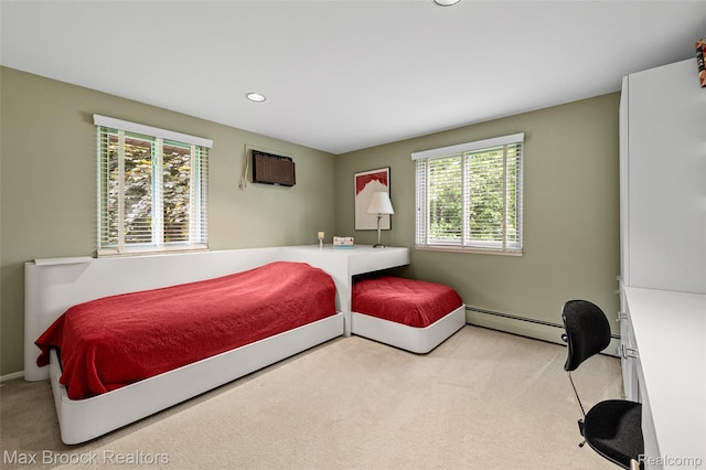 26480 Scenic Hwy, Franklin, MI 48025 - bedroom featuring carpet flooring, a baseboard radiator, multiple windows, an AC wall unit, and recessed lighting