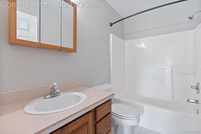 12172 Rynn Rd, Emmett, MI 48022 - full bath featuring toilet, vanity,  shower combination, and tile patterned flooring