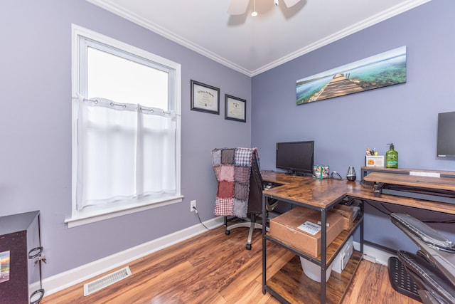 386 Hartman Ln, Saline, MI 48176 - office area with ceiling fan, ornamental molding, wood finished floors, and baseboards