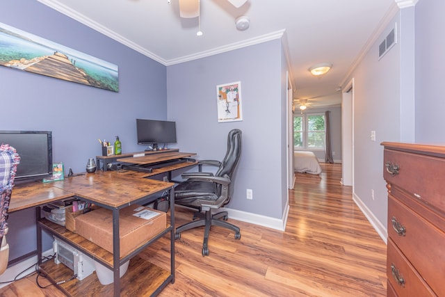 386 Hartman Ln, Saline, MI 48176 - office with ceiling fan, ornamental molding, light wood-style flooring, and baseboards