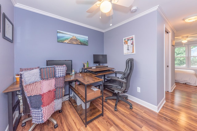 386 Hartman Ln, Saline, MI 48176 - office space featuring a ceiling fan, wood finished floors, baseboards, and crown molding
