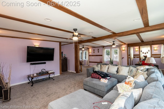 7359 Mckinley, Center Line, MI 48015 - carpeted living room featuring ceiling fan and beamed ceiling