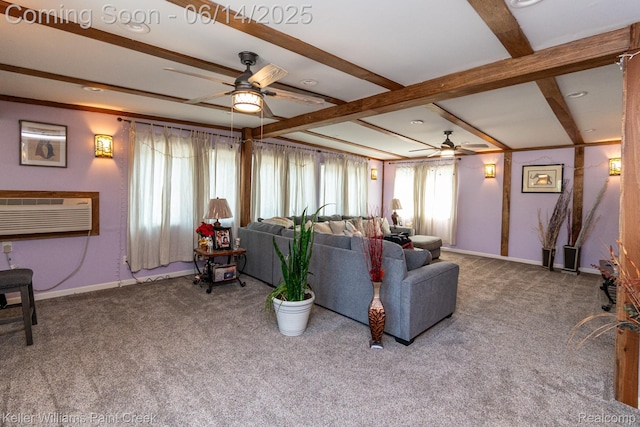 7359 Mckinley, Center Line, MI 48015 - living area with a ceiling fan, carpet flooring, a wall mounted air conditioner, and beam ceiling