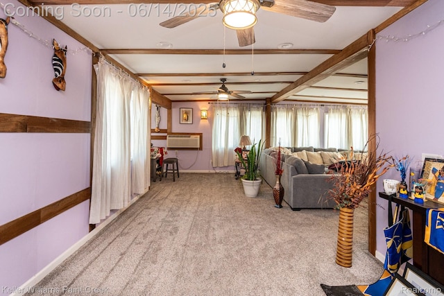 7359 Mckinley, Center Line, MI 48015 - living area with a ceiling fan, carpet flooring, beam ceiling, and a wall mounted air conditioner