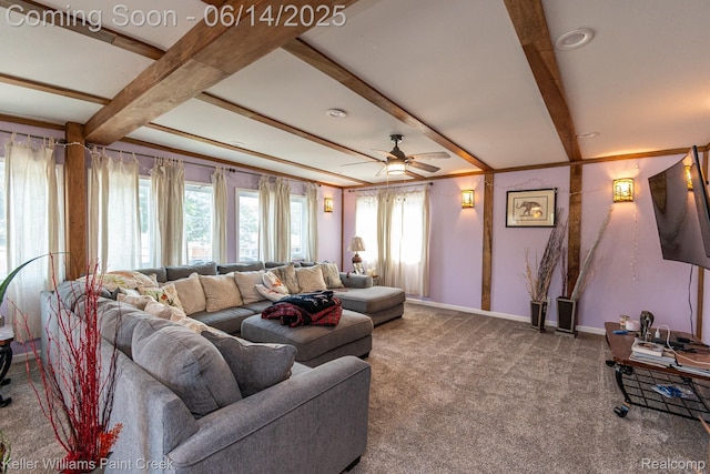 7359 Mckinley, Center Line, MI 48015 - carpeted living area featuring beamed ceiling and a ceiling fan