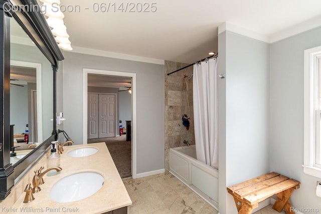 7359 Mckinley, Center Line, MI 48015 - full bath with shower / tub combo, double vanity, ceiling fan, and marble look tile flooring