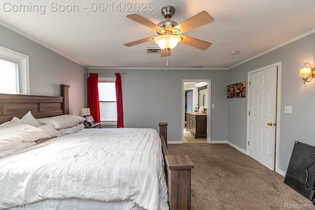 7359 Mckinley, Center Line, MI 48015 - carpeted bedroom with crown molding, a textured ceiling, connected bathroom, and a ceiling fan