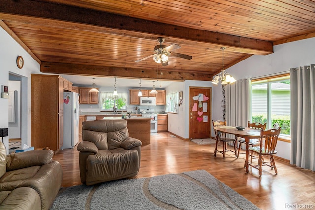 3277 Baldwin Rd, Metamora, MI 48455 - living room featuring wood ceiling, light wood-style floors, a ceiling fan, and a chandelier