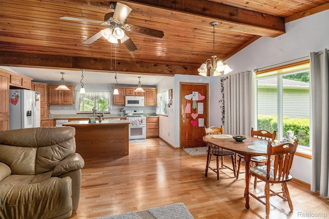 3277 Baldwin Rd, Metamora, MI 48455 - dining room featuring wood ceiling, light wood-style flooring, a chandelier, and ceiling fan