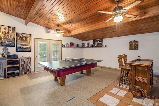 3277 Baldwin Rd, Metamora, MI 48455 - rec room featuring ceiling fan, wood ceiling, and light tile patterned floors