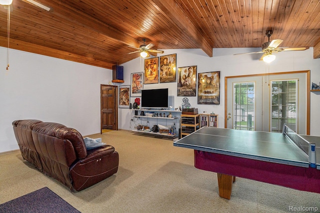 3277 Baldwin Rd, Metamora, MI 48455 - playroom with a ceiling fan, carpet flooring, and wood ceiling