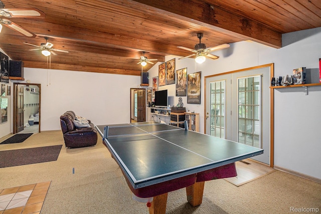 3277 Baldwin Rd, Metamora, MI 48455 - rec room with carpet, ceiling fan, and wooden ceiling