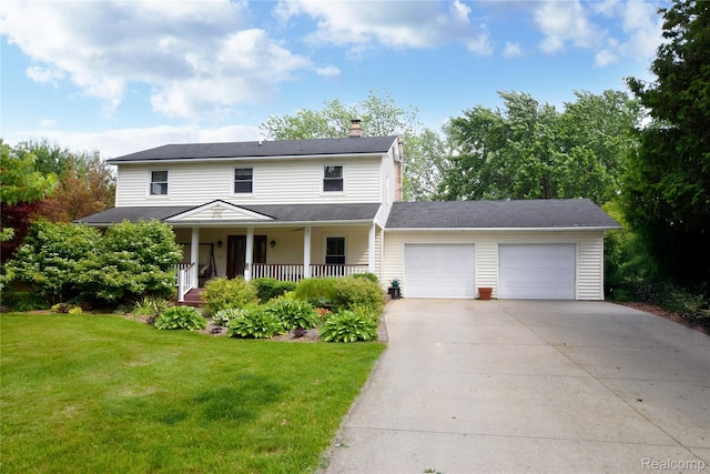 5483 Ameno Ln, Swartz Creek, MI 48473 - traditional-style house featuring a garage, a chimney, covered porch, a front lawn, and driveway