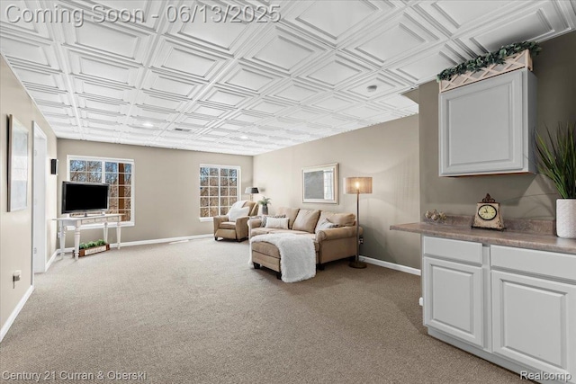 619 Winwood Cir, Walled Lake, MI 48390 - living area featuring an ornate ceiling and light colored carpet