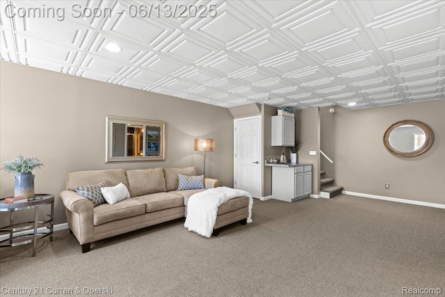 619 Winwood Cir, Walled Lake, MI 48390 - living room with carpet flooring, an ornate ceiling, and stairs