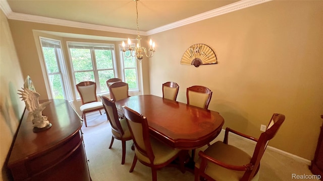 763 Chemung Forest Dr, Howell, MI 48843 - dining area with carpet floors, ornamental molding, and a chandelier