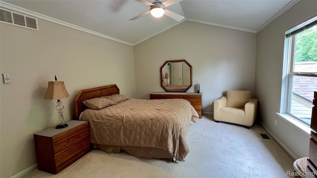 763 Chemung Forest Dr, Howell, MI 48843 - bedroom with light colored carpet, crown molding, lofted ceiling, and a ceiling fan
