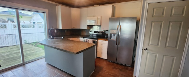 1781 Davis St, Muskegon, MI 49441 - kitchen featuring stainless steel appliances, a sink, white cabinetry, wood ceiling, and a peninsula