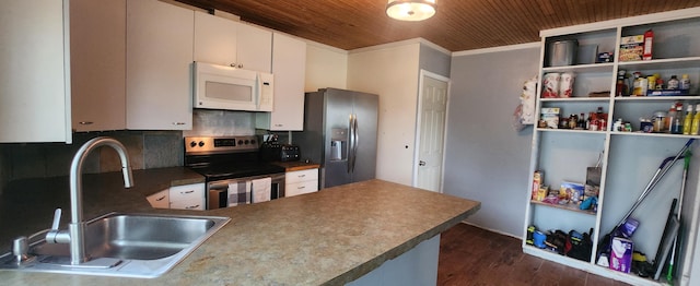 1781 Davis St, Muskegon, MI 49441 - kitchen featuring stainless steel appliances, a sink, wood ceiling, dark wood-type flooring, and backsplash