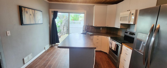 1781 Davis St, Muskegon, MI 49441 - kitchen with appliances with stainless steel finishes, a sink, wood ceiling, white cabinetry, and decorative backsplash