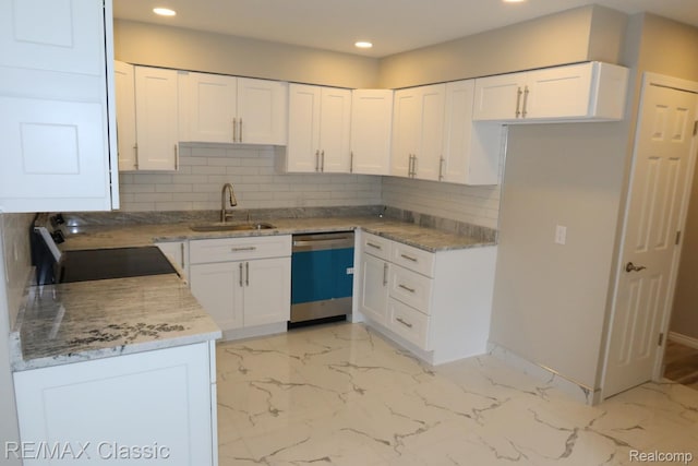 3132 N Monroe St, Monroe, MI 48162 - kitchen with dishwasher, a sink, electric stove, recessed lighting, and decorative backsplash