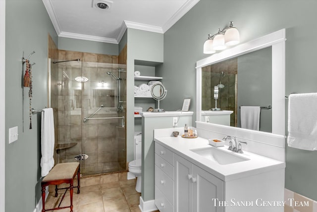 8985 Lakeshore Dr, West Olive, MI 49460 - bathroom with ornamental molding, toilet, vanity, a shower stall, and tile patterned flooring