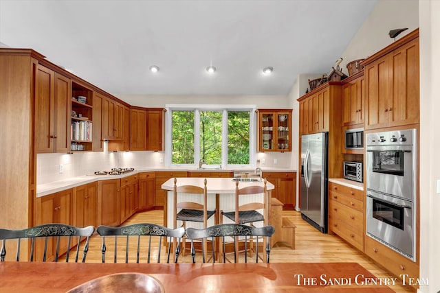 8985 Lakeshore Dr, West Olive, MI 49460 - kitchen featuring stainless steel appliances, a sink, light countertops, light wood-style flooring, and open shelves