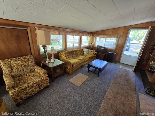 10475 W Higgins Lake Dr, Roscommon, MI 48653 - carpeted living room with wood walls and vaulted ceiling