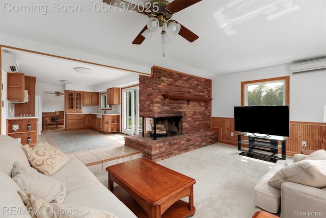 8173 Earhart Rd, South Lyon, MI 48178 - living room with ceiling fan, a wall mounted air conditioner, a wainscoted wall, healthy amount of natural light, and wooden walls