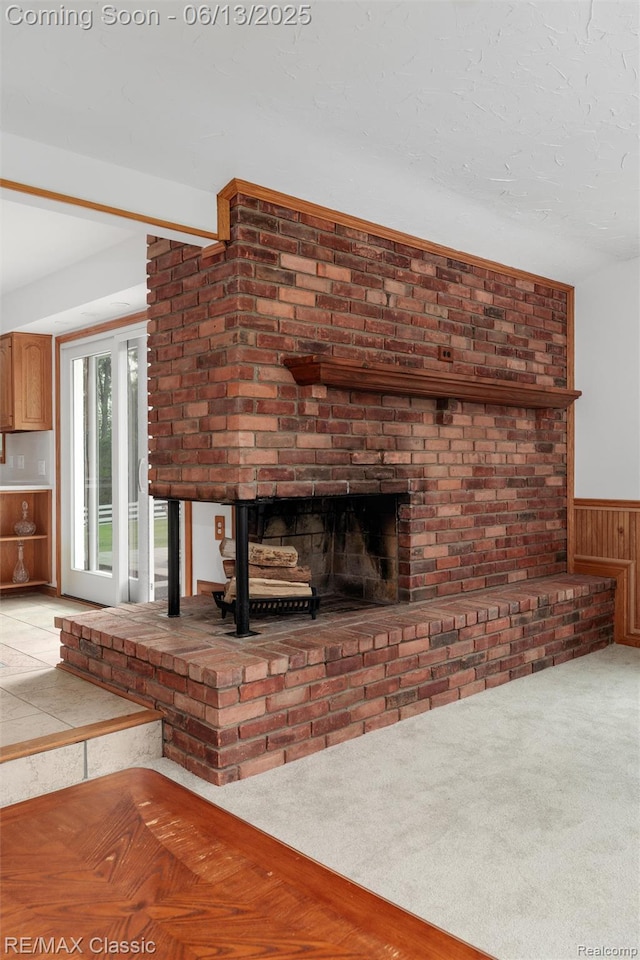 8173 Earhart Rd, South Lyon, MI 48178 - unfurnished living room featuring a fireplace, wainscoting, wooden walls, and carpet flooring