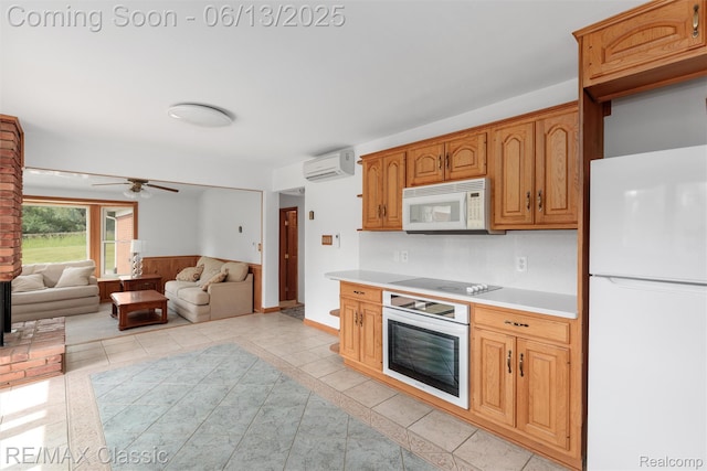 8173 Earhart Rd, South Lyon, MI 48178 - kitchen featuring white appliances, an AC wall unit, light countertops, a ceiling fan, and light tile patterned floors