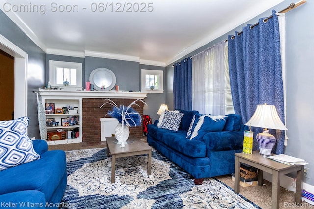 319 Marlborough St, Detroit, MI 48215 - living area featuring plenty of natural light, crown molding, and a brick fireplace