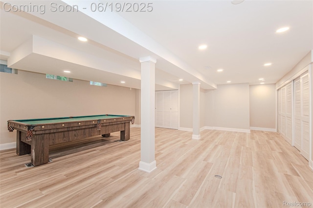 21993 Riverview Dr, Bloomfield Hills, MI 48025 - recreation room featuring light wood-style flooring, billiards table, and recessed lighting