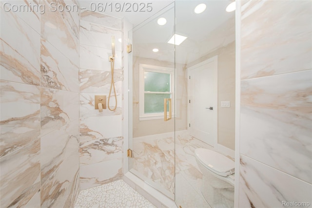 21993 Riverview Dr, Bloomfield Hills, MI 48025 - full bath featuring a marble finish shower, recessed lighting, and marble finish flooring