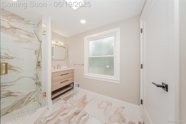21993 Riverview Dr, Bloomfield Hills, MI 48025 - full bath featuring a marble finish shower, vanity, marble finish flooring, and recessed lighting