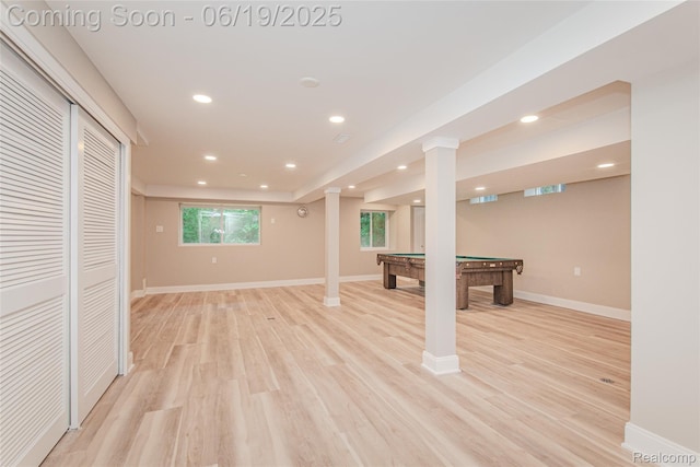 21993 Riverview Dr, Bloomfield Hills, MI 48025 - basement with light wood-type flooring, recessed lighting, and billiards
