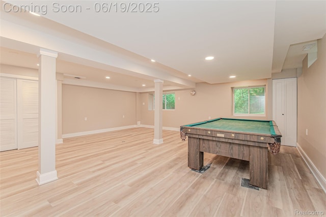 21993 Riverview Dr, Bloomfield Hills, MI 48025 - rec room with light wood-style floors, recessed lighting, pool table, and plenty of natural light