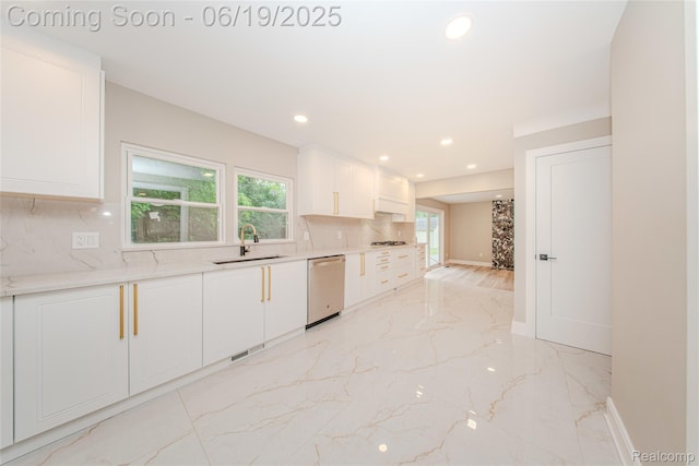 21993 Riverview Dr, Bloomfield Hills, MI 48025 - kitchen featuring appliances with stainless steel finishes, light marble finish flooring, backsplash, recessed lighting, and white cabinets