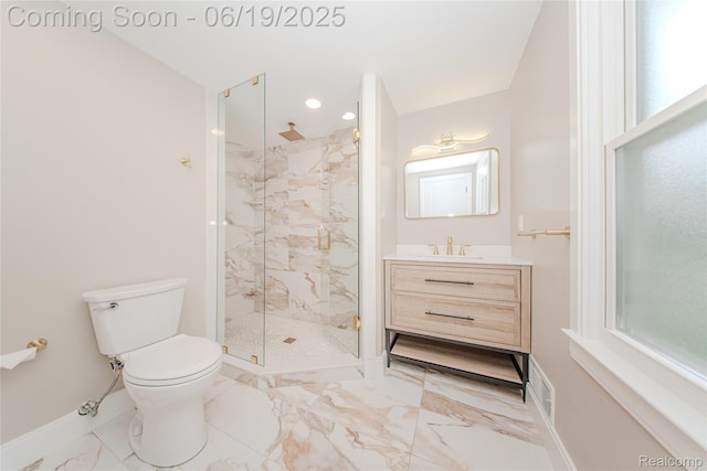 21993 Riverview Dr, Bloomfield Hills, MI 48025 - full bathroom with vanity, a marble finish shower, marble finish floors, plenty of natural light, and recessed lighting
