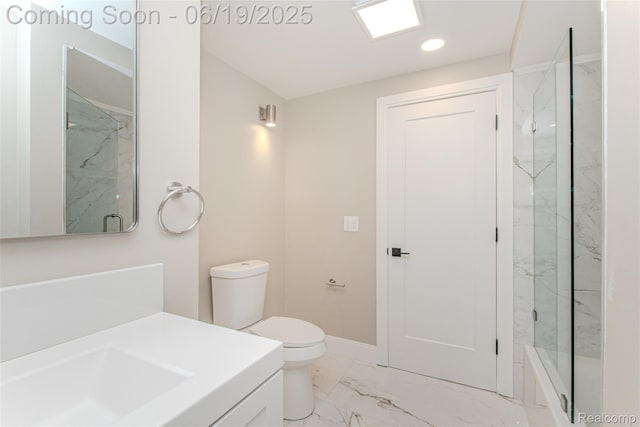 21993 Riverview Dr, Bloomfield Hills, MI 48025 - full bath with marble finish flooring, vanity, a marble finish shower, and recessed lighting