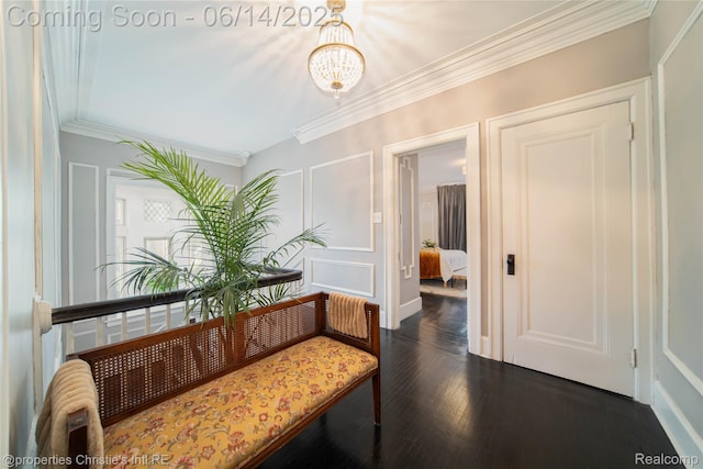 8604 La Salle Blvd, Detroit, MI 48206 - hall with crown molding, dark wood-type flooring, a chandelier, and a decorative wall