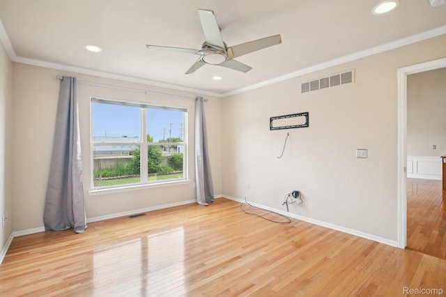3871 Elvera Ln, Warren, MI 48092 - spare room featuring crown molding, ceiling fan, light wood finished floors, and recessed lighting