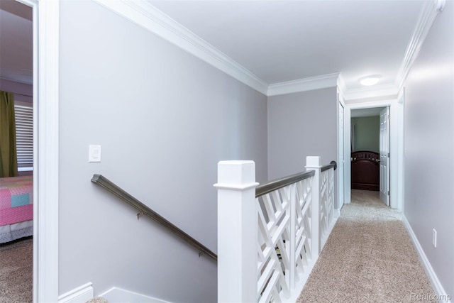 6081 Byram Lake Dr, Linden, MI 48451 - hall with an upstairs landing, carpet floors, and ornamental molding