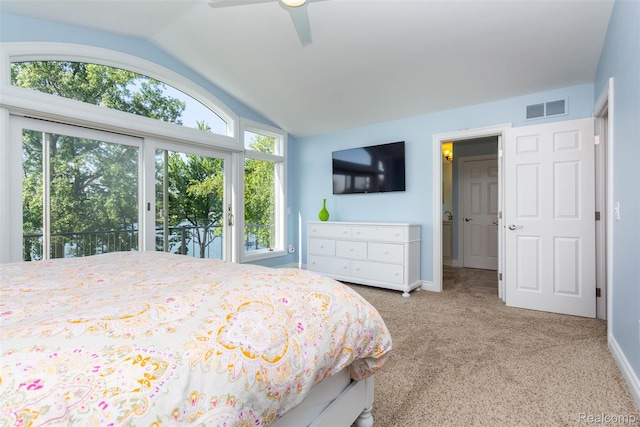 6081 Byram Lake Dr, Linden, MI 48451 - bedroom with lofted ceiling, carpet, and a ceiling fan