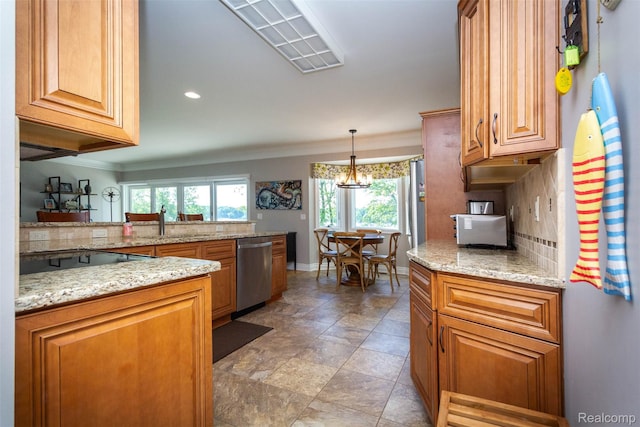 6081 Byram Lake Dr, Linden, MI 48451 - kitchen featuring dishwasher, stovetop, crown molding, decorative backsplash, and brown cabinetry