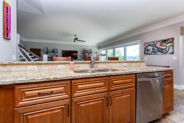 6081 Byram Lake Dr, Linden, MI 48451 - kitchen with stainless steel dishwasher, brown cabinets, a ceiling fan, light stone counters, and ornamental molding
